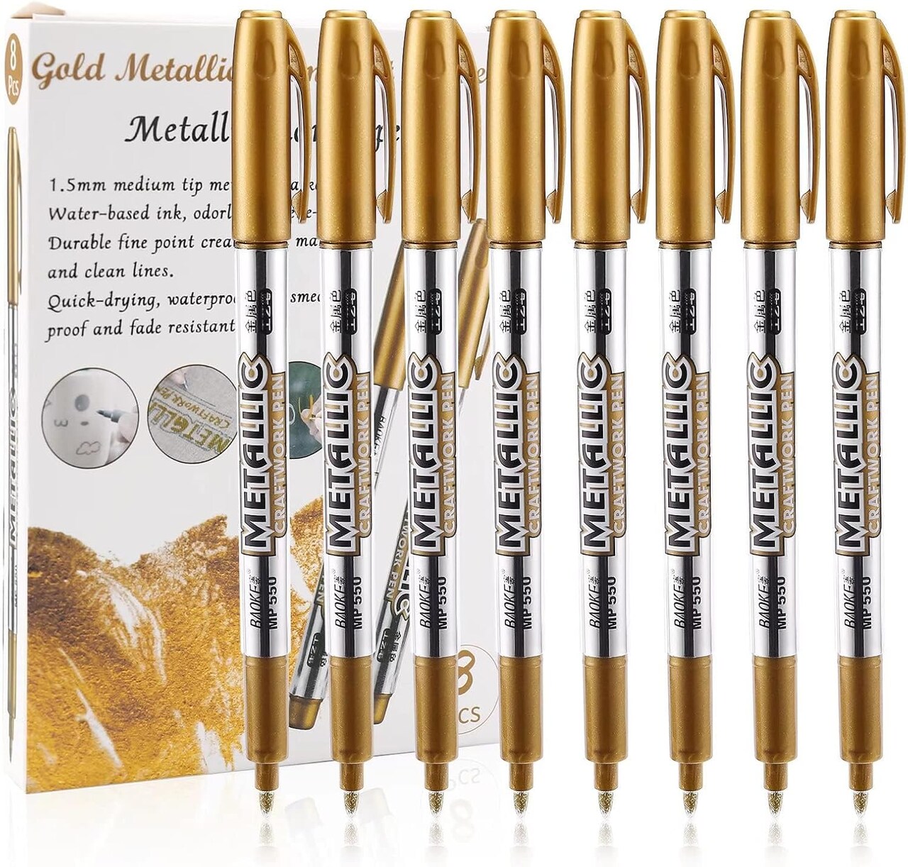Metallic Marker Pens, Gold Metallic Permanent Markers for Artist Illustration, Crafts, Gift Card Making, Scrapbooking, Fabric, DIY Photo Album, Value Set of 8